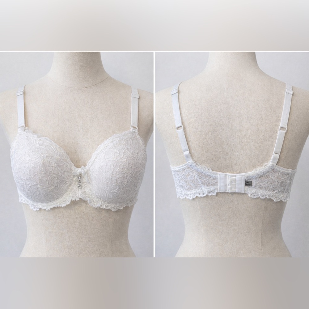 White Lace Push-Up Bra with Rhinestone Bow Detail